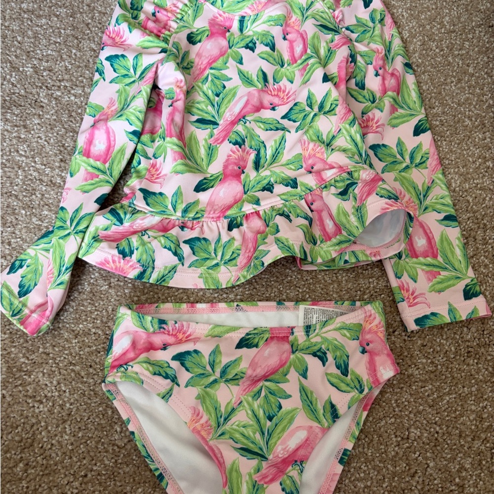 Janie and Jack Pink Parrot & Green Leaf Girls Long-Sleeve Rashguard Swim Set